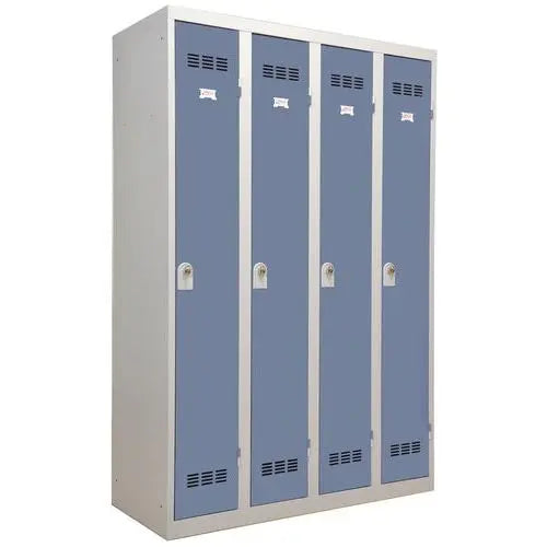 Vestiaire métallique 4 places, largeur 1200 mm, portes bleu RAL 5014, moraillon porte-cadenas