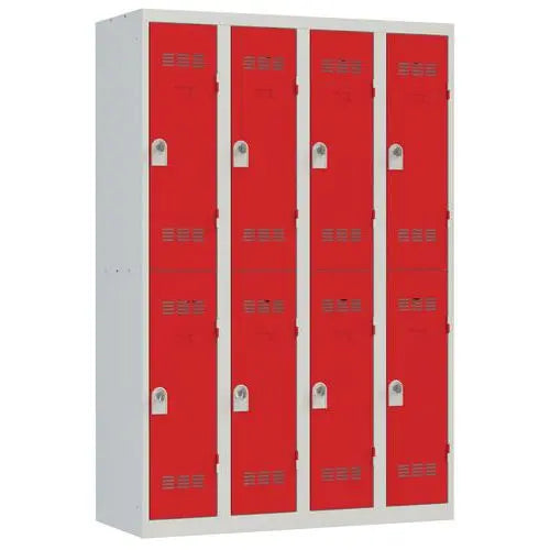 Casier vestiaire 8 portes rouges sur corps gris clair RAL 7035, largeur 1200 mm, version à cadenas