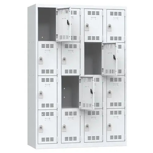 Consigne métallique 16 casiers individuels portes gris clair, 4 x 300 mm, à cadenas
