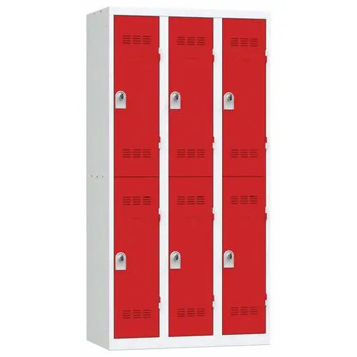 Casier vestiaire 6 portes rouges sur corps gris clair RAL 7035, largeur 900 mm, version à cadenas