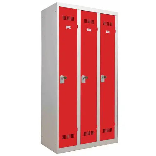 Vestiaire monobloc 3 portes, largeur 900 mm, portes rouge RAL 3001, moraillon porte-cadenas