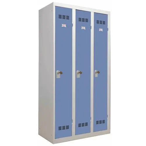 Vestiaire métallique 3 places, portes bleu RAL 5014, moraillon porte-cadenas