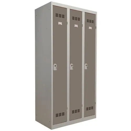 Vestiaire collectif acier 3 colonnes, portes taupe basalte, fermeture à clé