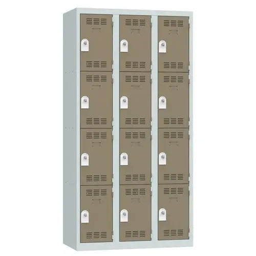 Vestiaire multicases 3 colonnes de 300 mm, 12 cases portes taupe, fermeture à cadenas