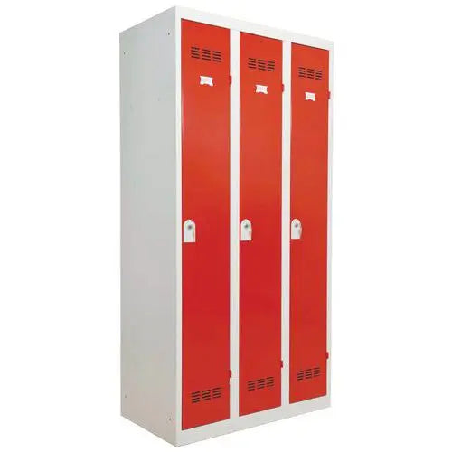 Vestiaire monobloc 3 portes, largeur 900 mm, portes rouge RAL 3001, fermeture à clé