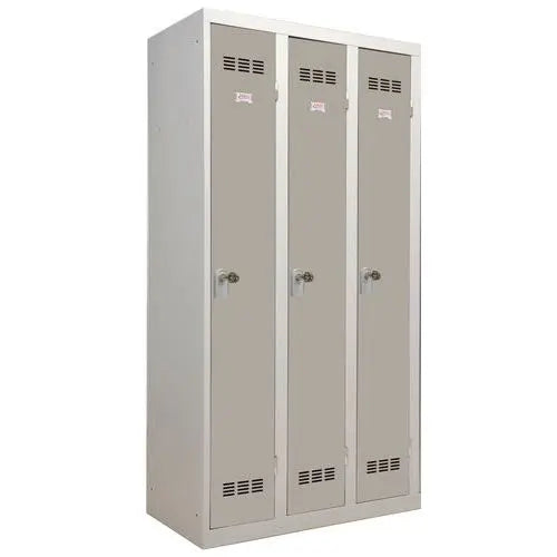 Vestiaire collectif acier 3 colonnes, portes taupe basalte, moraillon porte-cadenas