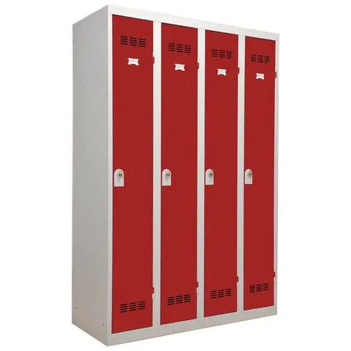 Vestiaire monobloc 4 portes, portes rouge RAL 3001, moraillon porte-cadenas