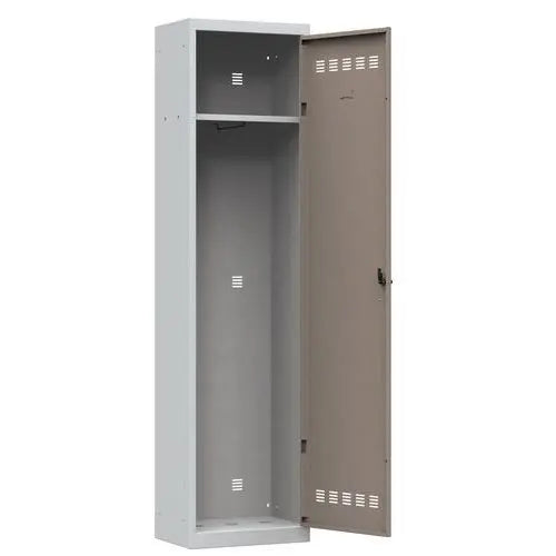 Vue intérieure : vestiaire de couloir 1 porte, porte taupe sur corps gris, fermeture à cadenas