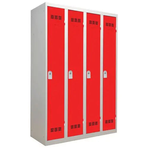 Vestiaire monobloc 4 portes, portes rouge RAL 3001, fermeture à clé