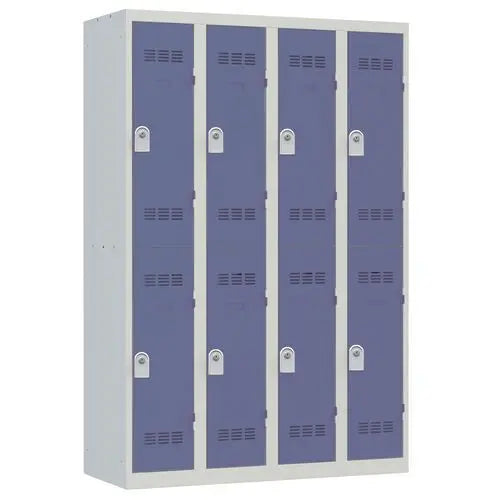 Vestiaire multicases 4 colonnes de 300 mm, 8 cases portes bleues, fermeture à clé