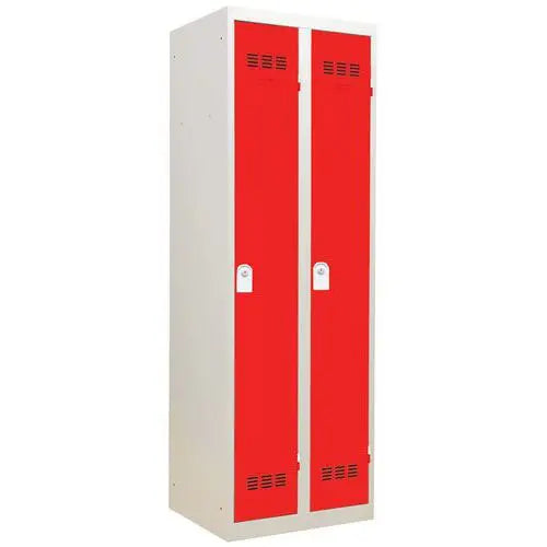 Armoire vestiaire acier 2 cases portes rouges, largeur 600 mm, version à clé