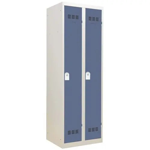 Vestiaire métallique 2 portes bleu RAL 5014 sur corps gris, serrure individuelle à 2 clés