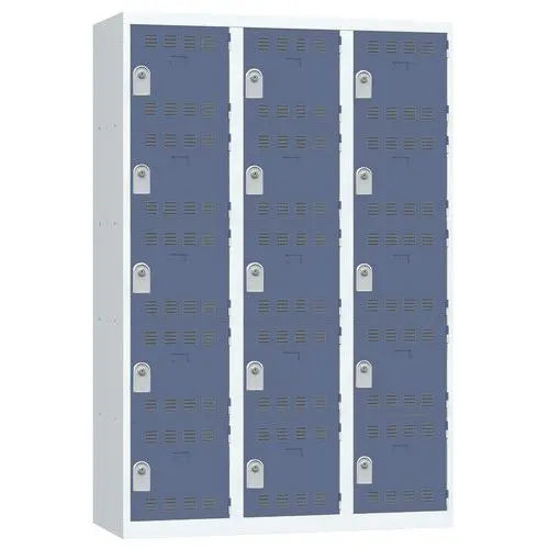 Vestiaire multicase monobloc 1200 mm, 15 cases à portes bleues, modèle à clé