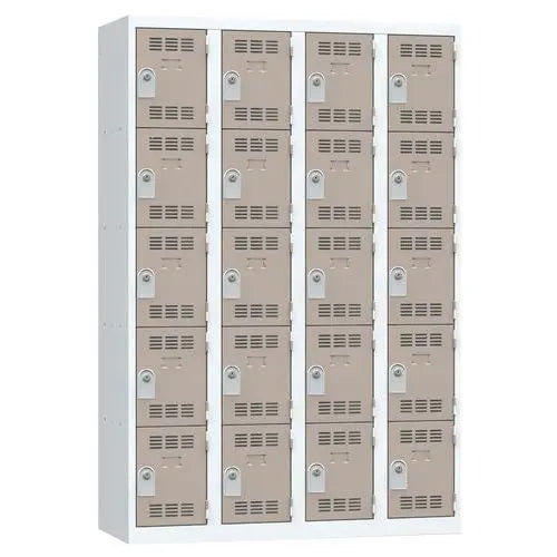 Vestiaire multicase monobloc 1200 mm, 20 cases à portes taupe, modèle à clé
