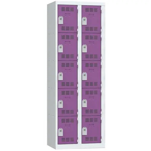 Vestiaire multicase monobloc 600 mm, 10 cases à portes prune, modèle à clé