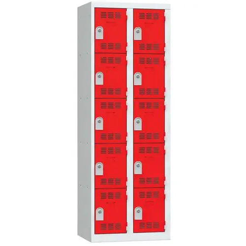 Consigne métallique 10 casiers individuels portes rouges, 2 x 300 mm, à clé