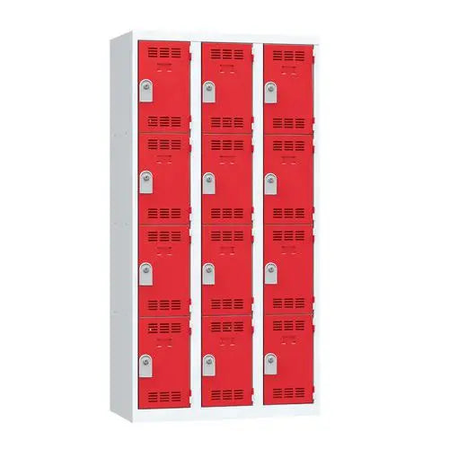 Vestiaire multicase monobloc 900 mm, 12 cases à portes rouges, modèle à clé