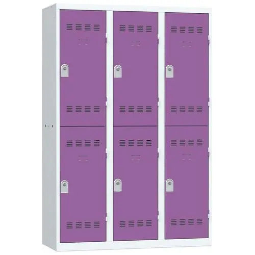 Casier vestiaire 6 portes prune sur corps gris clair RAL 7035, largeur 1200 mm, version à clé