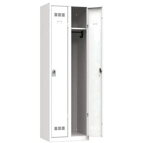 Vestiaire de bureau 2 colonnes de 300 mm, coloris blanc RAL 9010, moraillon porte-cadenas