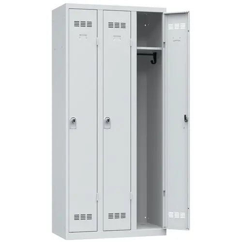 Vestiaire de bureau 3 colonnes de 300 mm, coloris gris clair RAL 7035, moraillon porte-cadenas