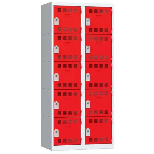 Consigne métallique 10 casiers individuels portes rouges, 2 x 400 mm, à clé