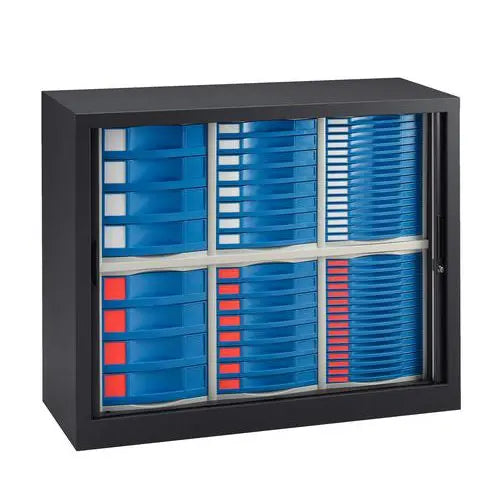 Armoire de classement à plat 56 tiroirs, version corps anthracite RAL 7016 et tiroirs bleu RAL 5014, livrée montée
