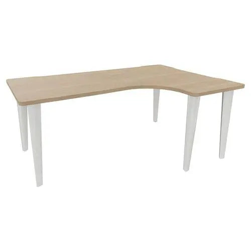 Bureau d'angle asymétrique côté droit 180 x 120 cm, plateau 30 mm chêne, piètement blanc RAL 9010