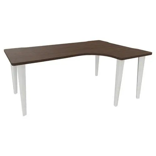 Bureau d'angle asymétrique côté droit 180 x 120 cm, plateau 30 mm noyer, piètement blanc RAL 9010