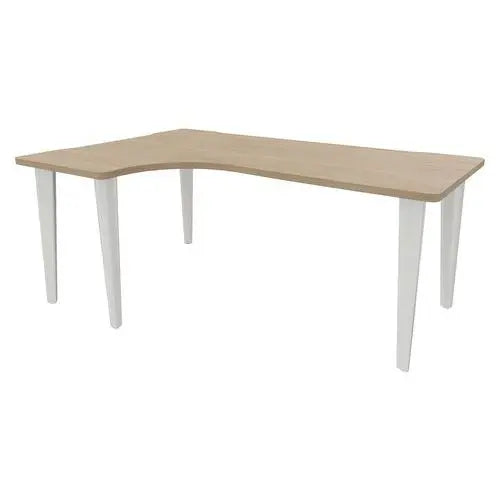 Bureau d'angle asymétrique 180 x 120 cm plateau 30 mm chêne, piètement blanc RAL 9010