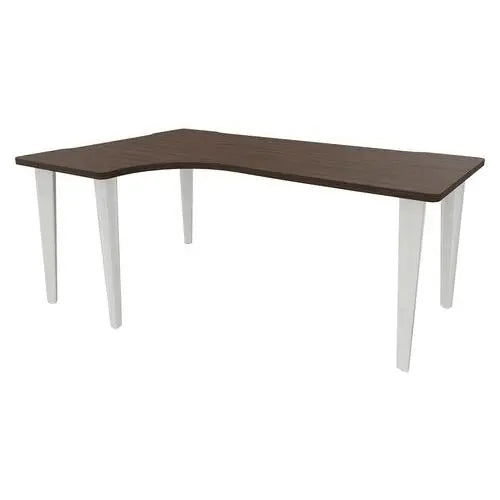 Bureau d'angle asymétrique 180 x 120 cm plateau 30 mm noyer, piètement blanc RAL 9010
