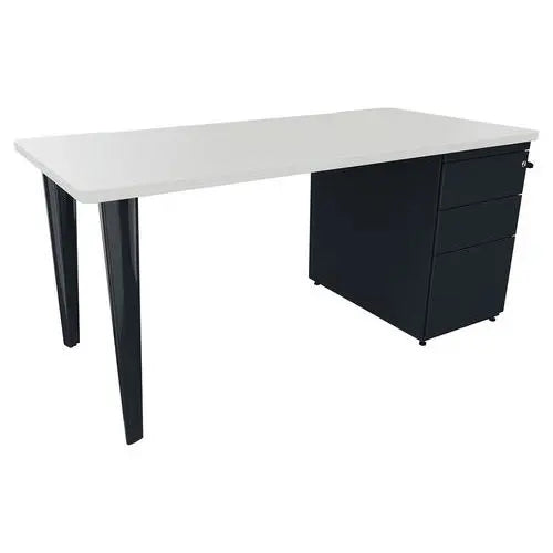 Bureau de secrétariat 160 x 80 cm finition blanc, caisson porteur et pieds métal anthracite RAL 7016