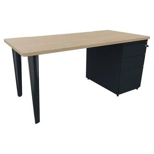 Bureau droit 160 x 80 cm sur caisson porteur, plateau chêne et pieds anthracite RAL 7016