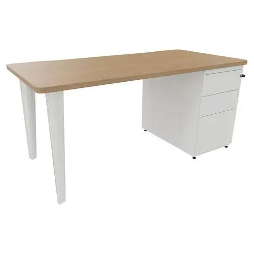 Bureau avec caisson 3 tiroirs à clé 160 x 80 cm, décor chêne, piètement blanc RAL 9010