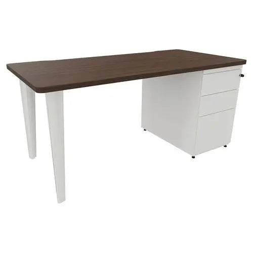 Bureau avec caisson 3 tiroirs à clé 160 x 80 cm, décor noyer, piètement blanc RAL 9010