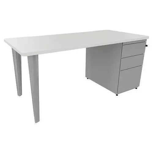 Bureau droit caisson porteur 160 x 80 cm plateau 30 mm blanc, piètement acier aluminium RAL 9006