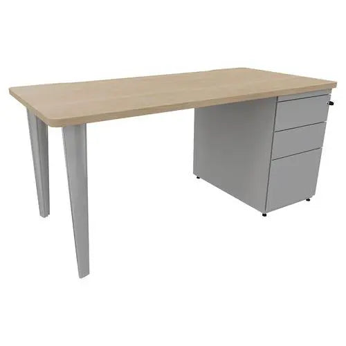 Poste de travail 160 x 80 cm plateau chêne posé sur caisson hauteur bureau et 2 pieds aluminium RAL 9006
