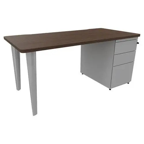 Poste de travail 160 x 80 cm plateau noyer posé sur caisson hauteur bureau et 2 pieds aluminium RAL 9006