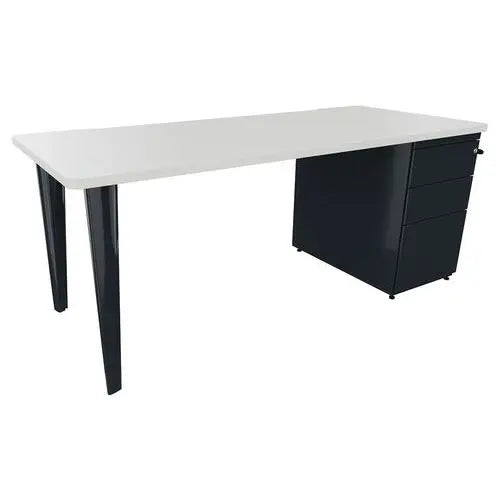 Bureau avec caisson 3 tiroirs à clé 180 x 80 cm, décor blanc, piètement anthracite RAL 7016