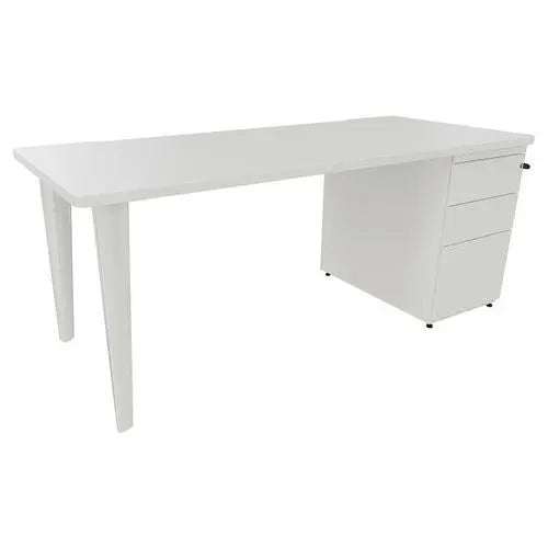 Bureau droit 180 x 80 cm sur caisson porteur, plateau blanc et pieds blanc RAL 9010