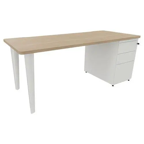 Bureau de secrétariat 180 x 80 cm finition chêne, caisson porteur et pieds métal blanc RAL 9010