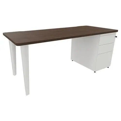 Bureau de secrétariat 180 x 80 cm finition noyer, caisson porteur et pieds métal blanc RAL 9010