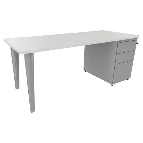 Poste de travail 180 x 80 cm plateau blanc posé sur caisson hauteur bureau et 2 pieds aluminium RAL 9006