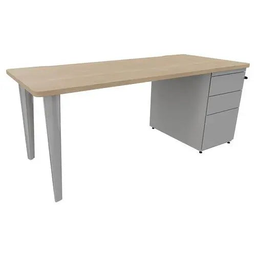 Bureau droit caisson porteur 180 x 80 cm plateau 30 mm chêne, piètement acier aluminium RAL 9006