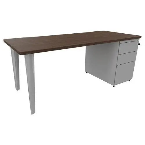 Bureau droit caisson porteur 180 x 80 cm plateau 30 mm noyer, piètement acier aluminium RAL 9006