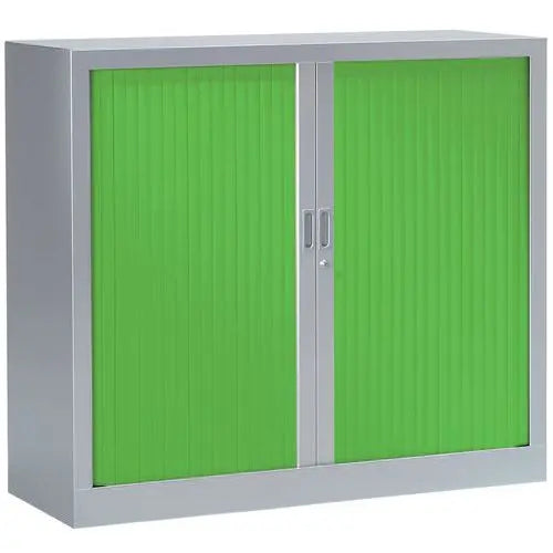 Rangement de dossiers : armoire basse à rideaux de couleur corps gris alu RAL 9006 et rideaux vert RAL 6018