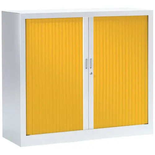 Armoire métallique basse colorée 100 x 120 en finition corps blanc RAL 9010 et rideaux jaune RAL 1021