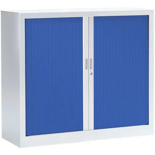 Armoire métallique basse colorée 100 x 120, version corps blanc RAL 9010 et rideaux bleu RAL 5002, livrée montée