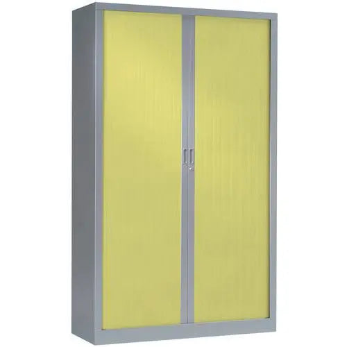 Armoire à rideaux de couleur 198 x 120 cm corps gris alu RAL 9006 et rideaux vert anis pour bureau de mairie ou d'entreprise