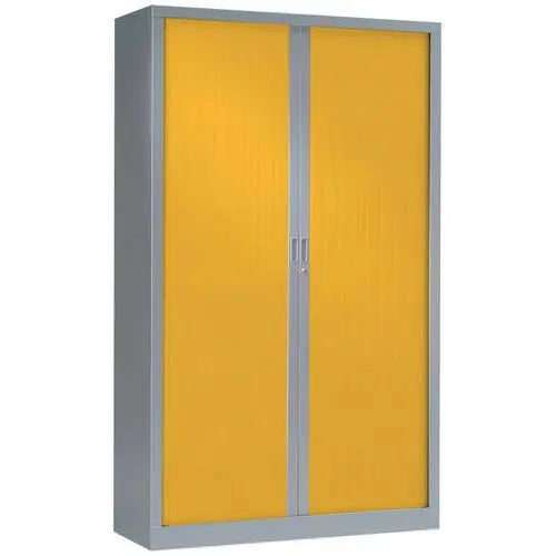 Armoire métallique haute colorée corps gris alu RAL 9006 et rideaux jaune RAL 1021, rideaux à ouverture totale