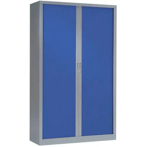 Armoire à rideaux de couleur 198 x 120 cm en corps gris alu RAL 9006 et rideaux bleu RAL 5002, fabrication française